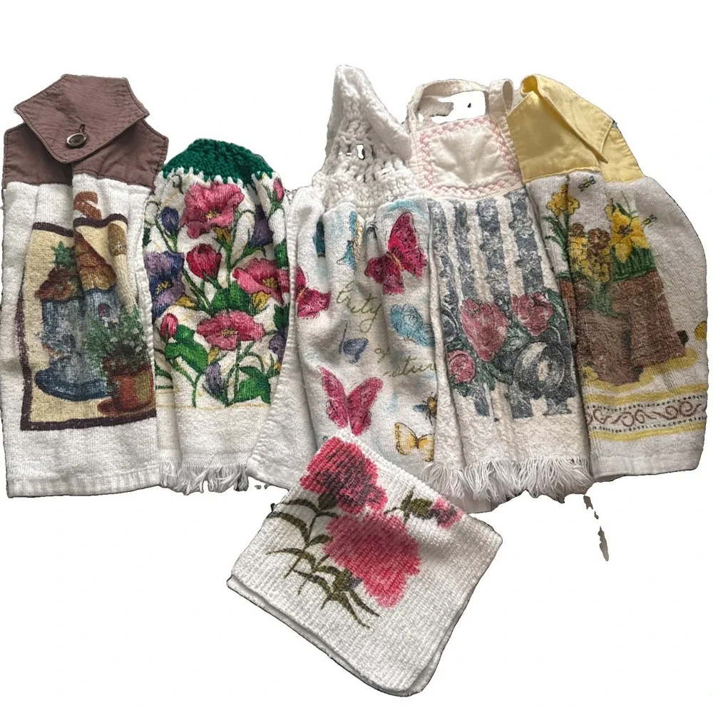 6 Vintage Cotton Floral Kitchen Linens - Towels Crochet Used As Is Cottagecore